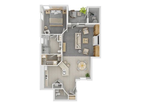 A floor plan of a house with a kitchen, living room, and two bedrooms.